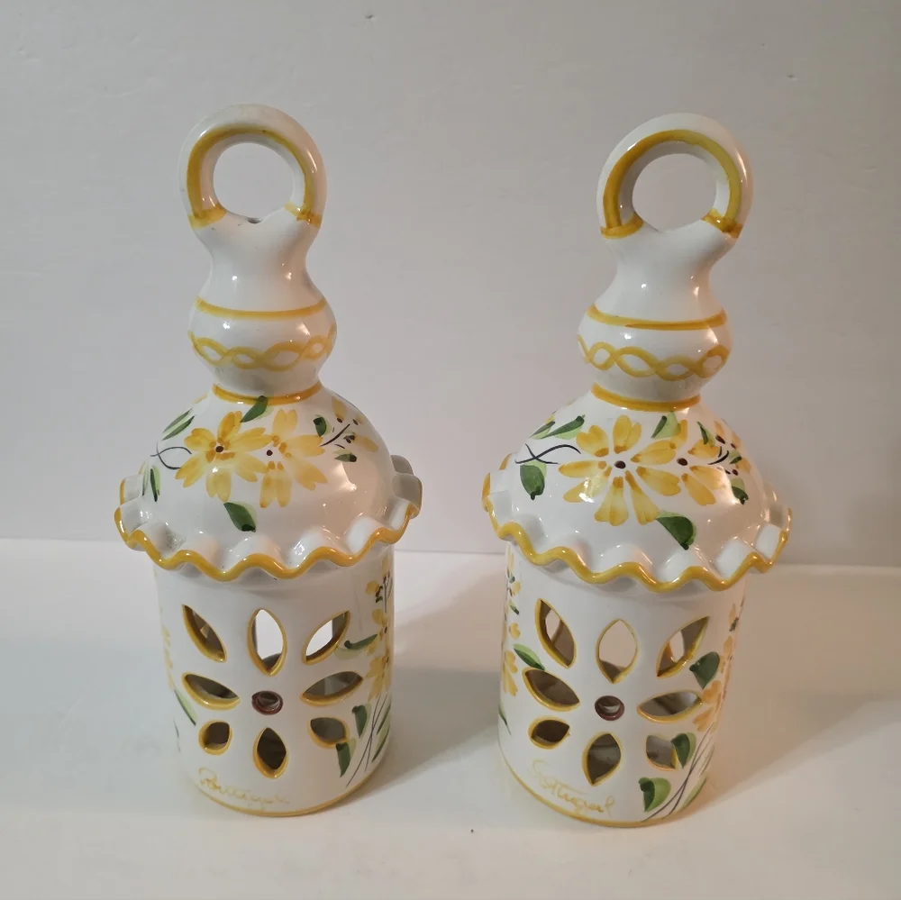 Vtg Art Pottery Candle Lanterns Flower Design